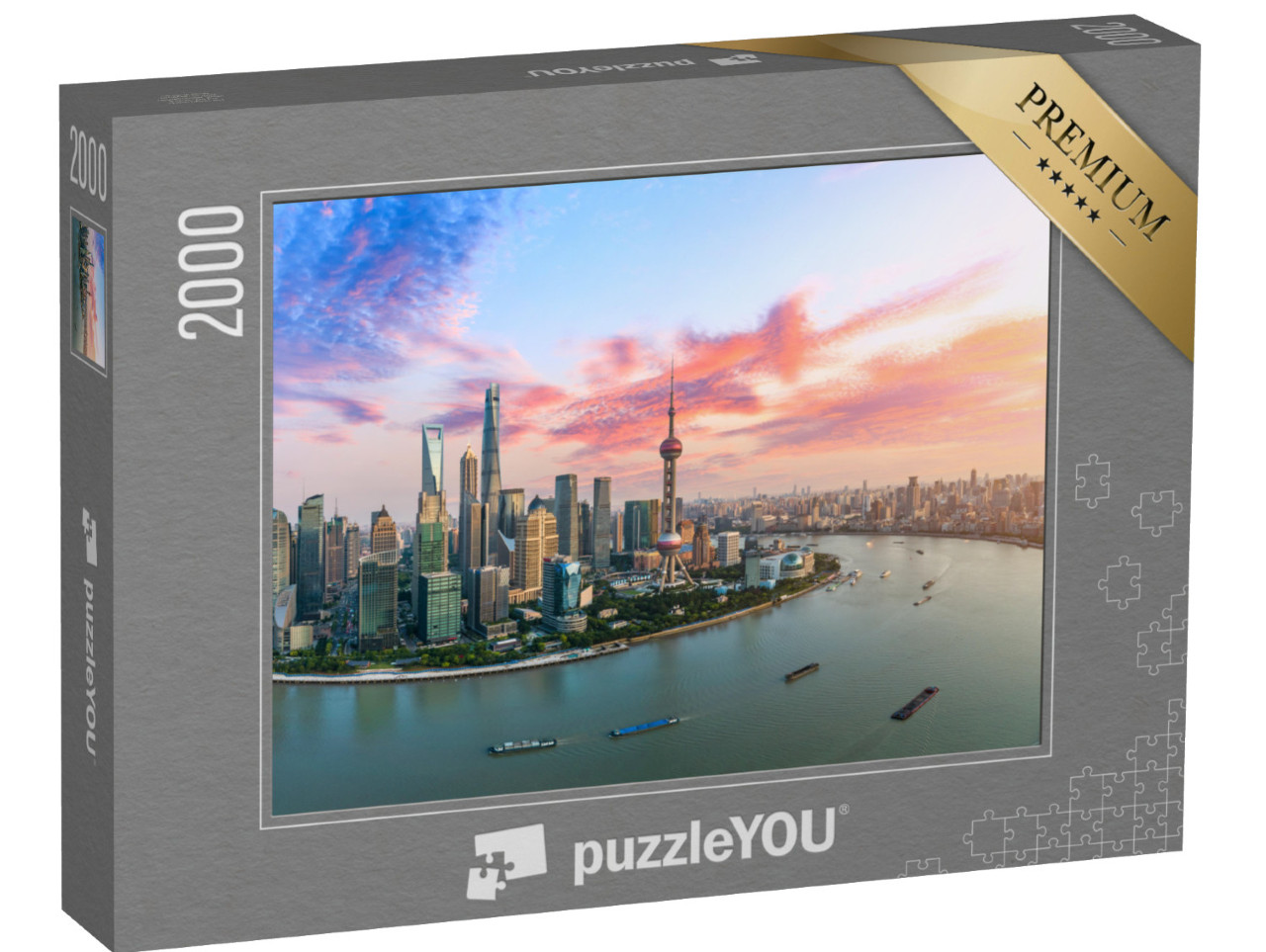 Puzzle 2000 Teile „Luftaufnahme der Skyline von Shanghai im Abendlicht“