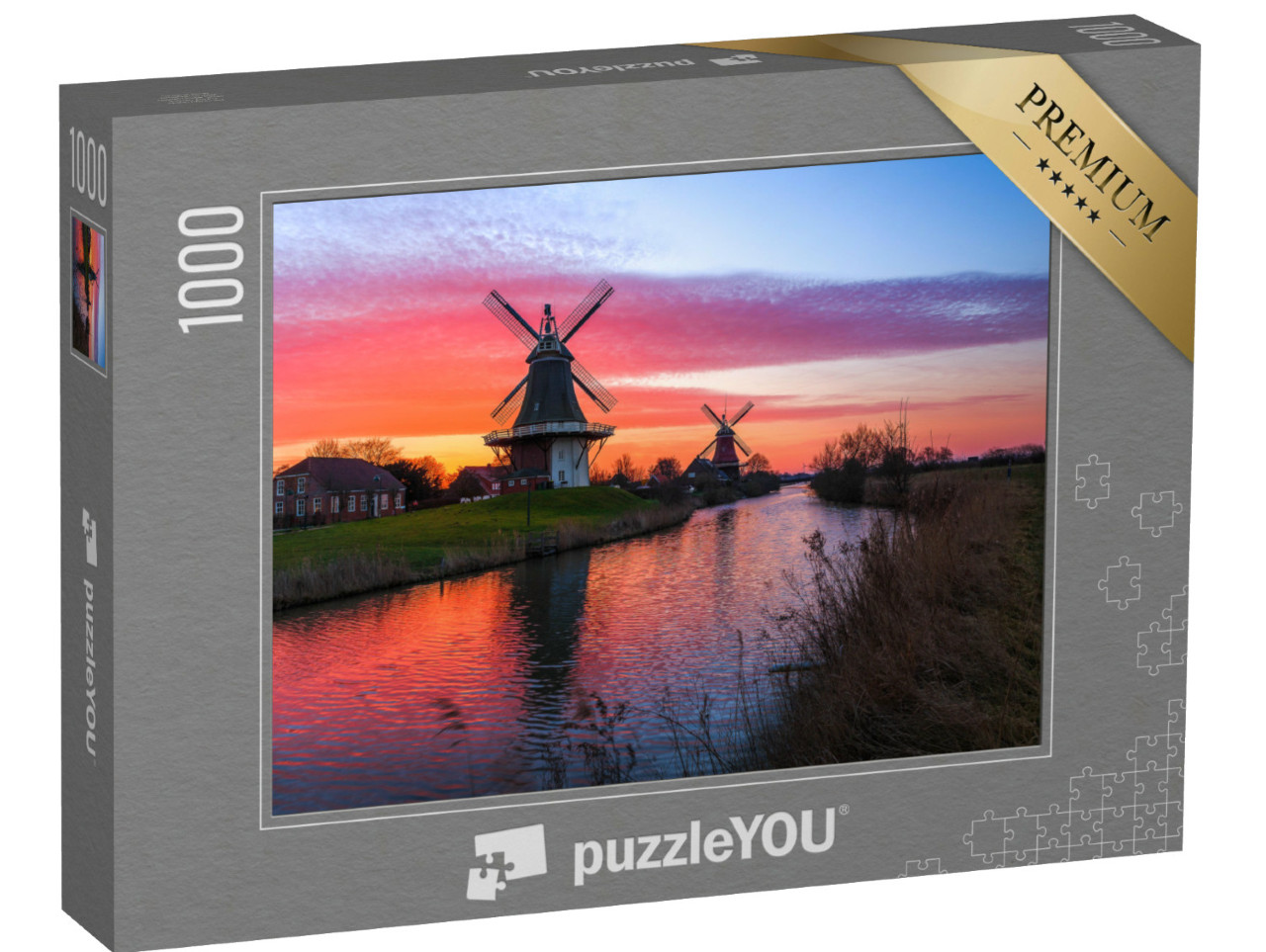 Puzzle 1000 Teile „Zwillingsmühlen von Greetsiel bei Sonnenaufgang, Ostfriesland“