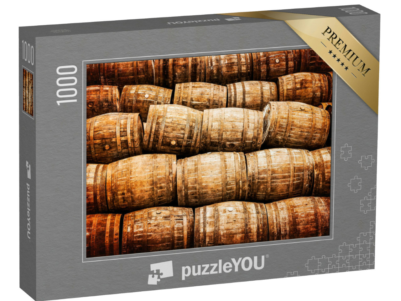 Puzzle 1000 Teile „Stapel von alten Whisky- und Weinfässern im Vintage-Stil“