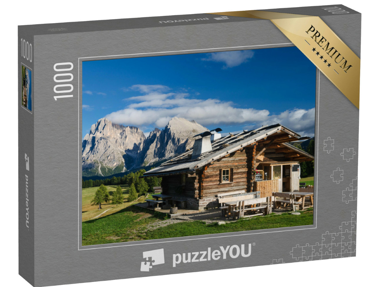 Puzzle 1000 Teile „Hütte auf der Seiser Alm mit Plattkofel und Langkofel, Südtirol“