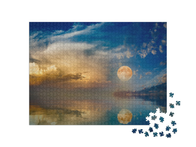 Puzzle 1000 Teile „Vollmond über dem Sonnenuntergangshimmel am Meer“