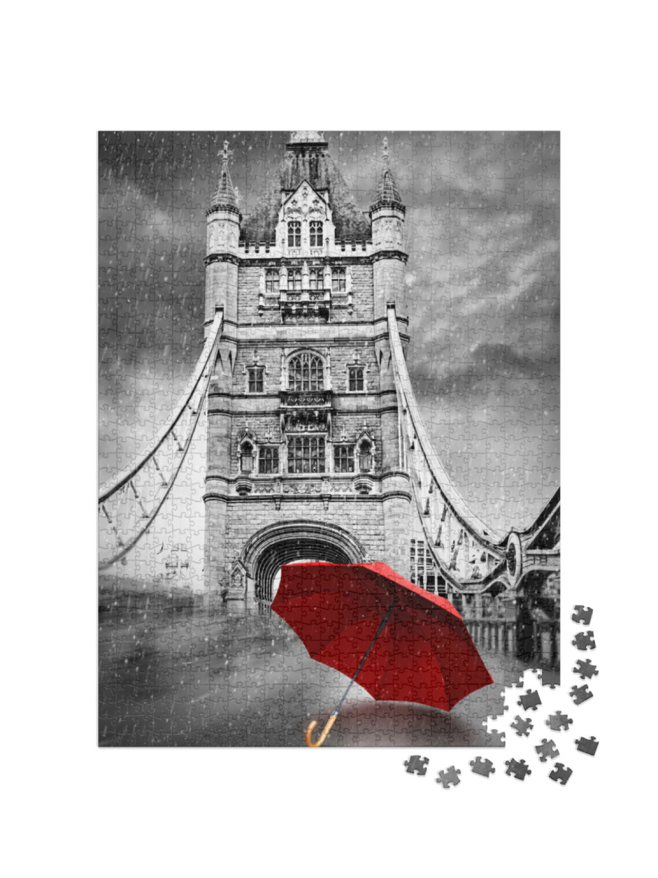 Puzzle 1000 Teile „Roter Regenschirm auf der Tower Bridge in London, schwarz-weiß“