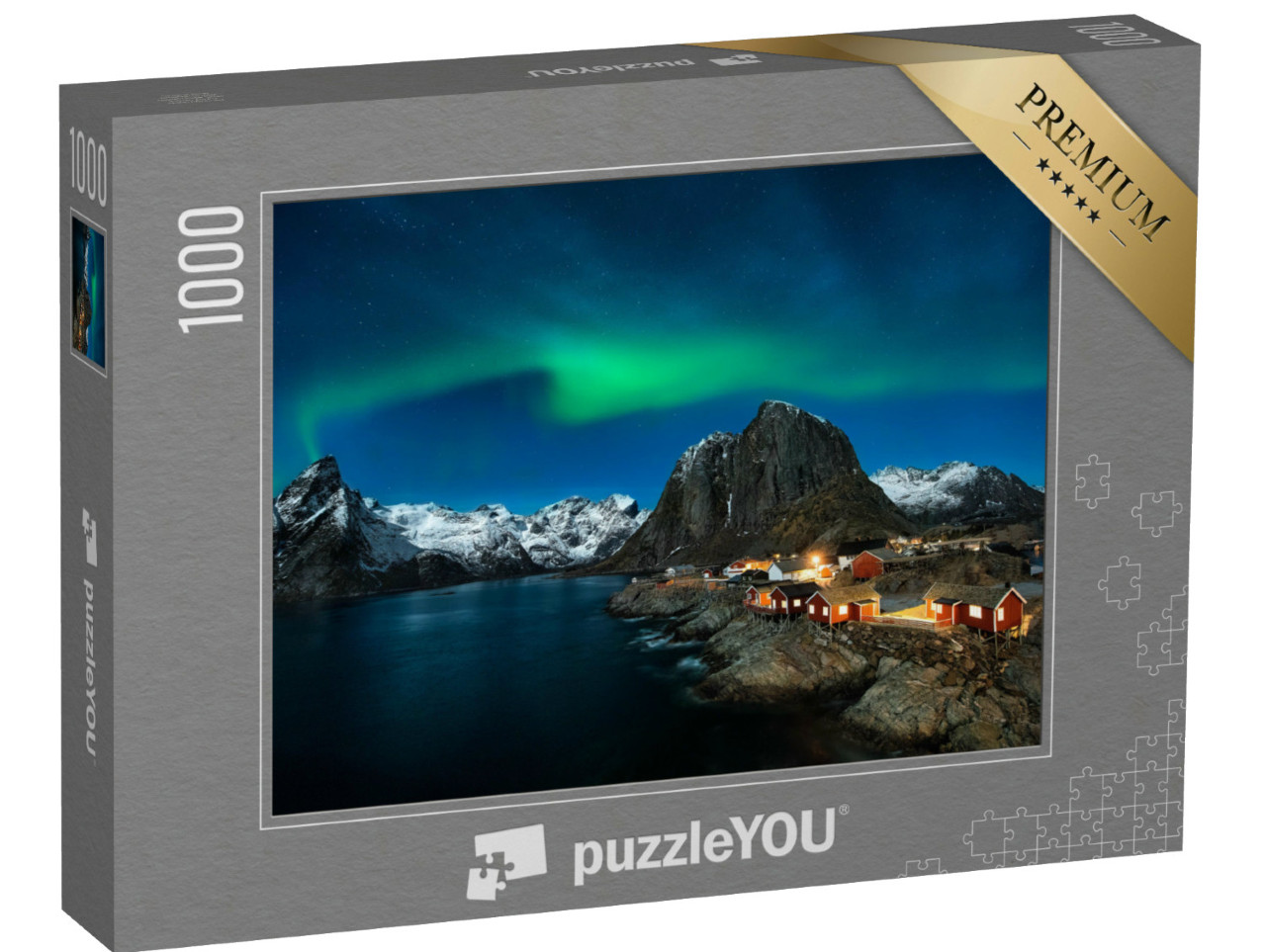 Puzzle 1000 Teile „Traditionelle norwegische Fischerhütten, Insel Hamnøy, Reine auf den Lofoten, Nordnorwegen“