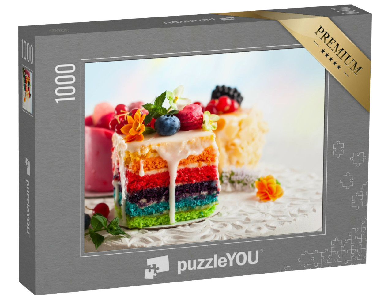 Puzzle 1000 Teile „Fantasievoll dekorierter Regenbogenkuchen“