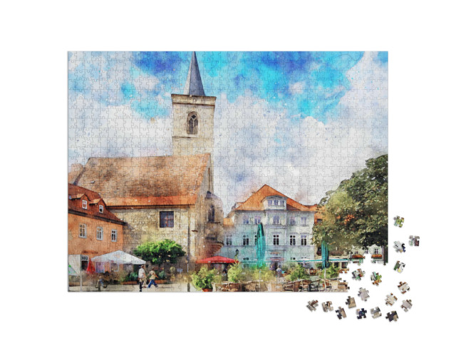 Puzzle 1000 Teile „Aquarell vom Marktplatz in Erfurt, Thüringen“