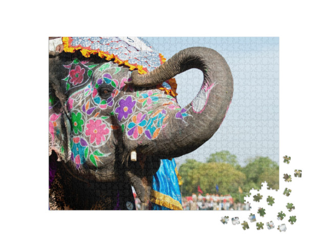 Puzzle 1000 Teile „Ein bemalter Elefant auf dem Elefantenfest in Jaipur, Indien“