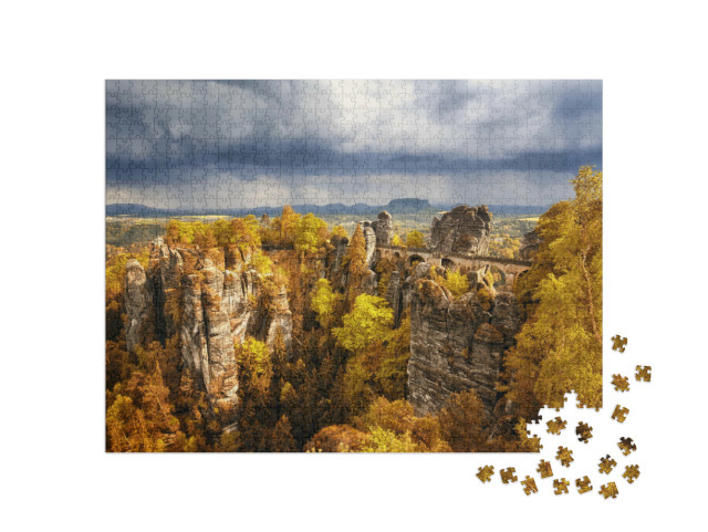 Puzzle 1000 Teile „Basteibrücke: Sächsische Schweiz mit herbstlichen Farben, Deutschland“