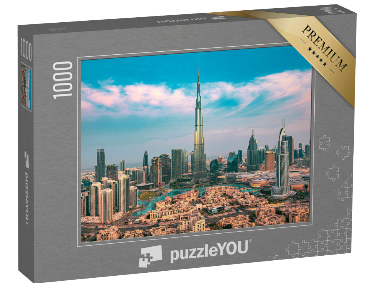 Puzzle 1000 Teile „Skyline des Stadtzentrums von Dubai mit Wolkenkratzern bei Sonnenaufgang“