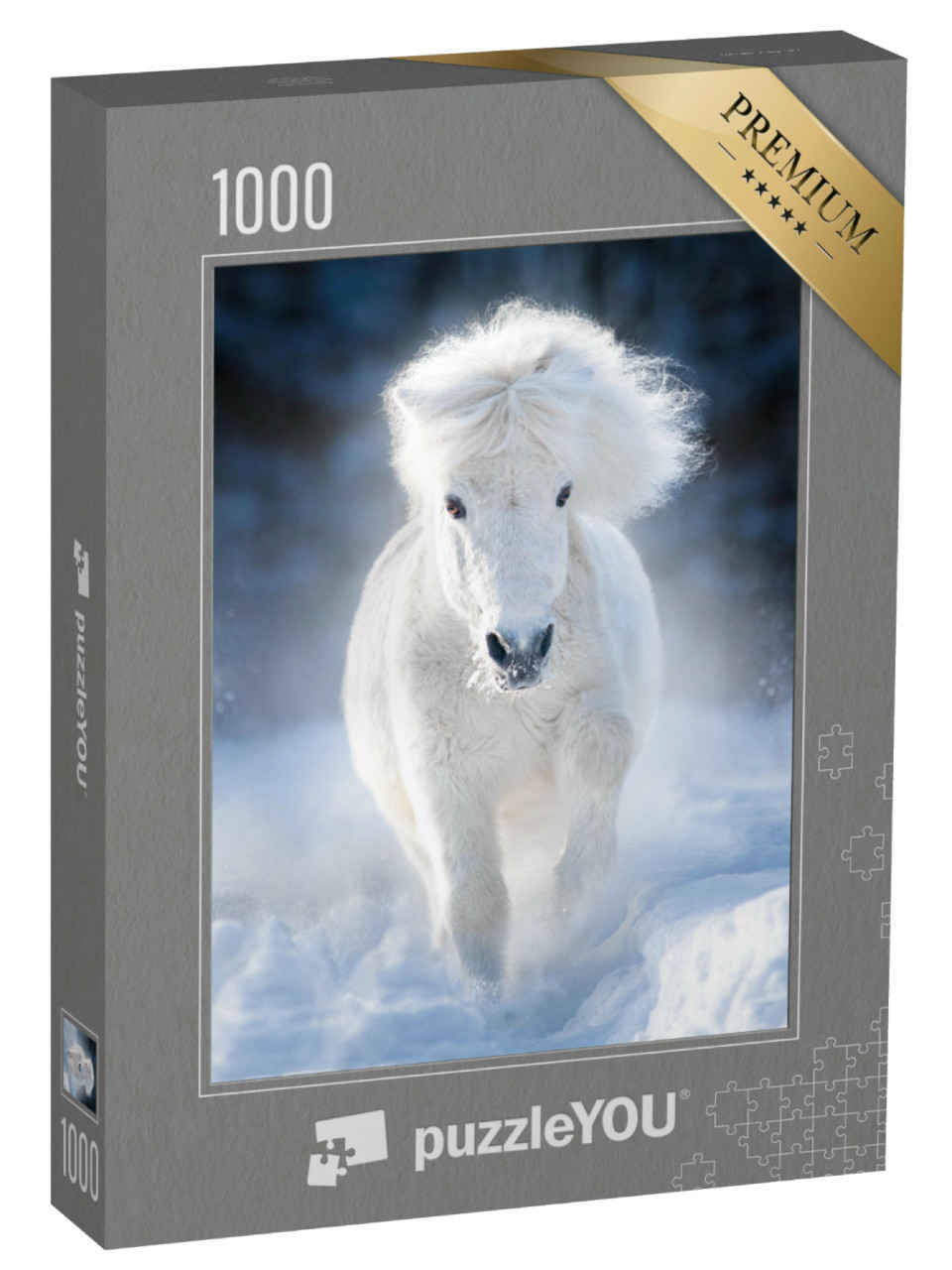 Puzzle 1000 Teile „Weißes flauschiges Shetlandpony im Galopp auf einer Winterwiese“