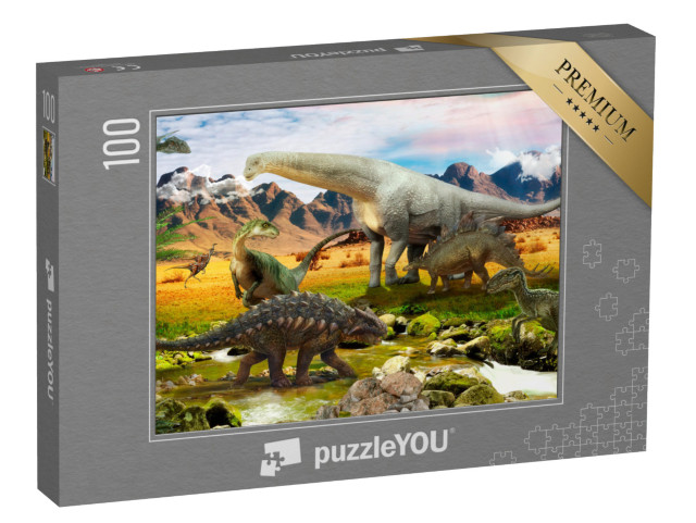 Puzzle 100 Teile „Illustration: Dinosaurier, Park am See“