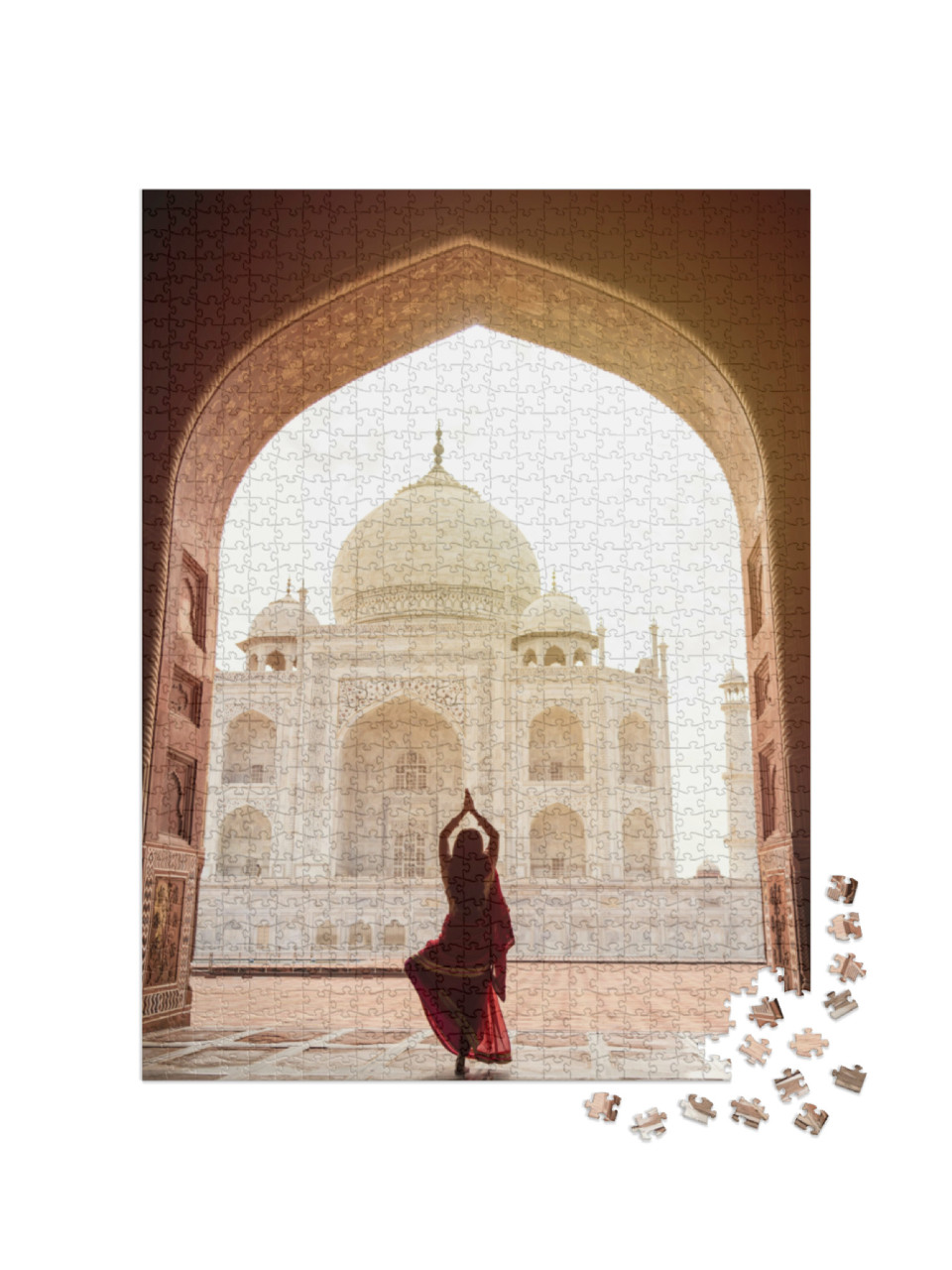Puzzle 1000 Teile „Indische Frau in rotem Sari im Taj Mahal, Indien“