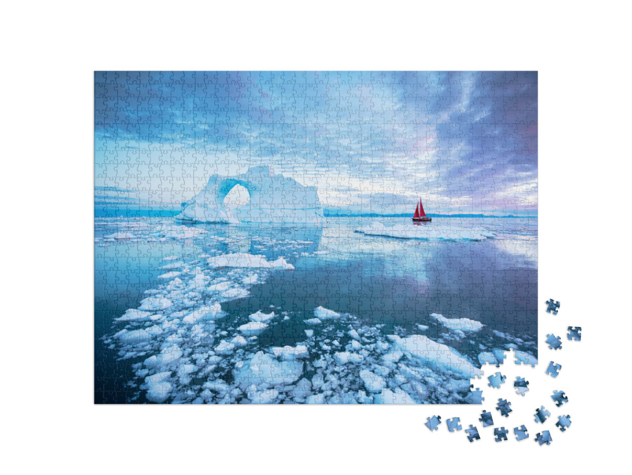 Puzzle 1000 Teile „Segelboot mit roten Segeln kreuzt neben einem durchbrochenen Eisberg “