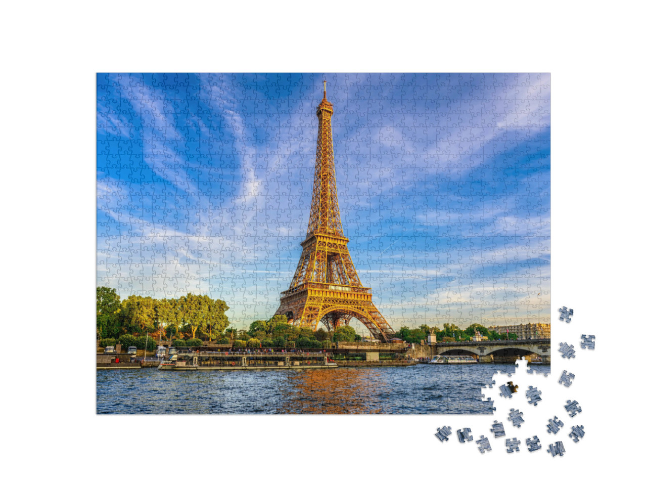 Puzzle 1000 Teile „Der Eiffelturm und Fluss Seine bei Sonnenuntergang in Paris, Frankreich“