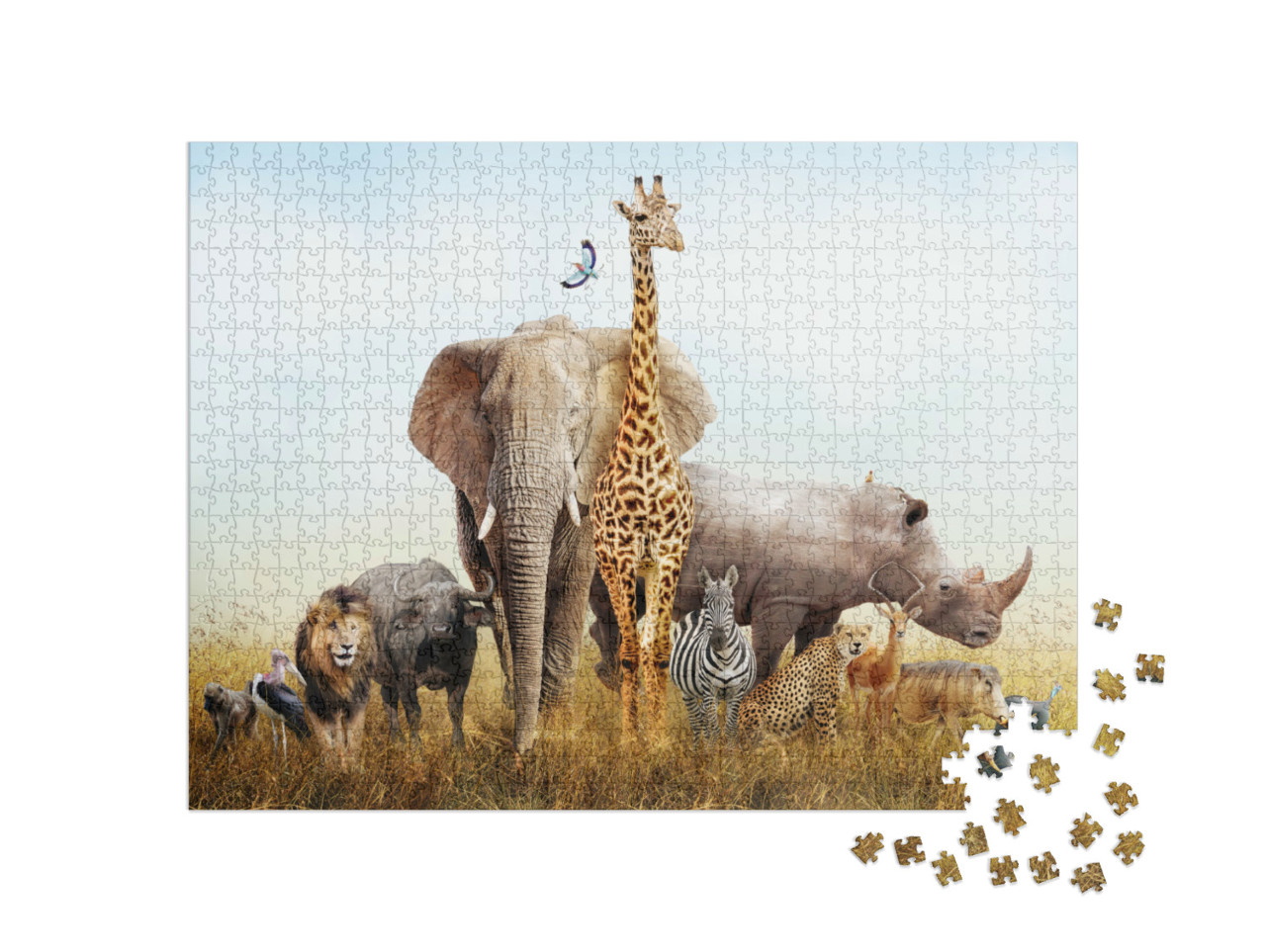 Puzzle 1000 Teile „Zahlreiche Safari-Tiere: Komposition mit Landschaft von Kenia“