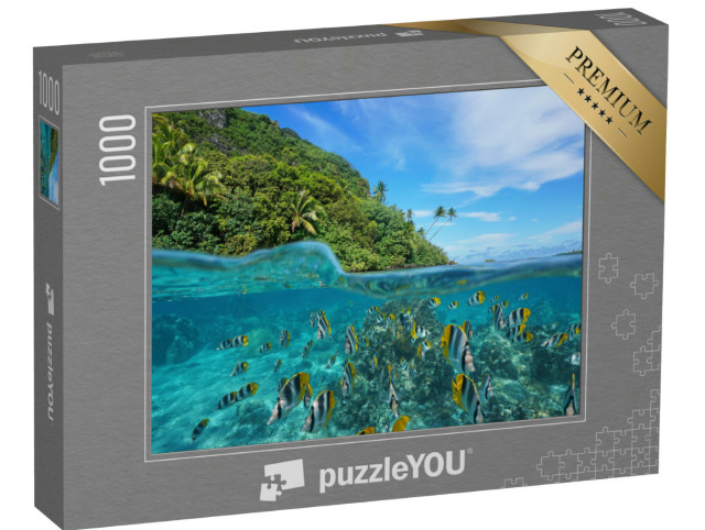 Puzzle 1000 Teile „Tropische Fische über und unter Wasser, Huahine, Pazifischer Ozean“