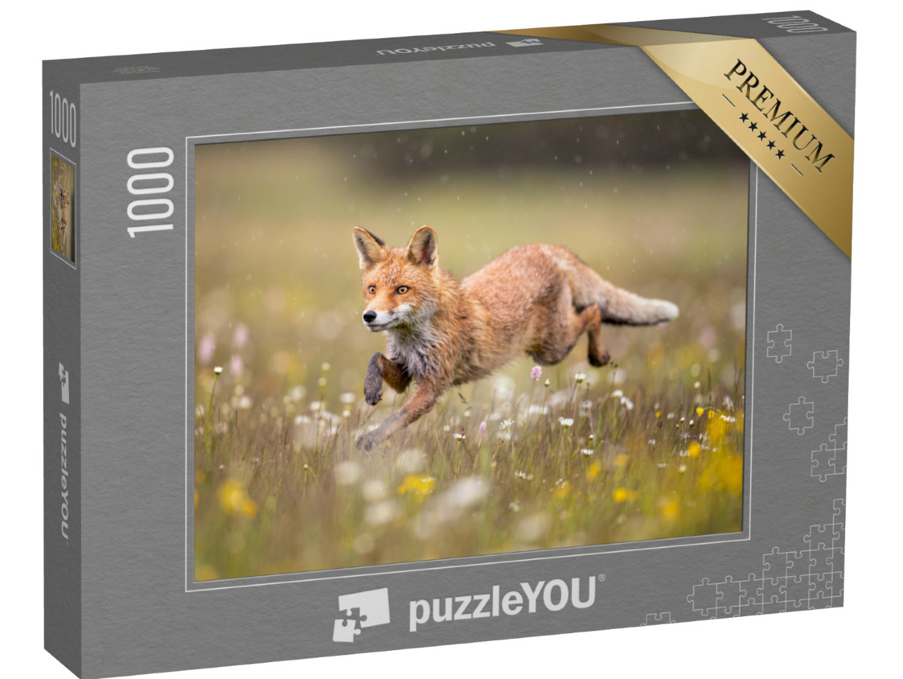 Puzzle 1000 Teile „Fuchs im Galopp über eine Blumenwiese“