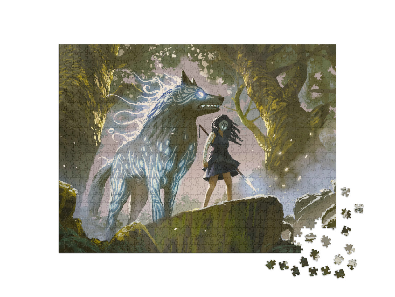 Puzzle 1000 Teile „Wildes Mädchen steht mit ihrem Wolf im Wald, digitaler Kunststil“