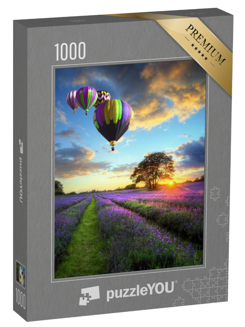 Puzzle 1000 Teile „Heißluftballons über einem Lavendelfeld im Abendlicht“
