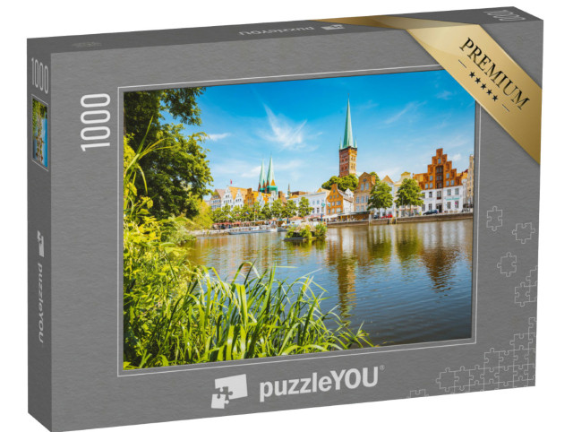 Puzzle 1000 Teile „Panoramablick auf Lübeck mit Trave, Schleswig-Holstein, Deutschland“