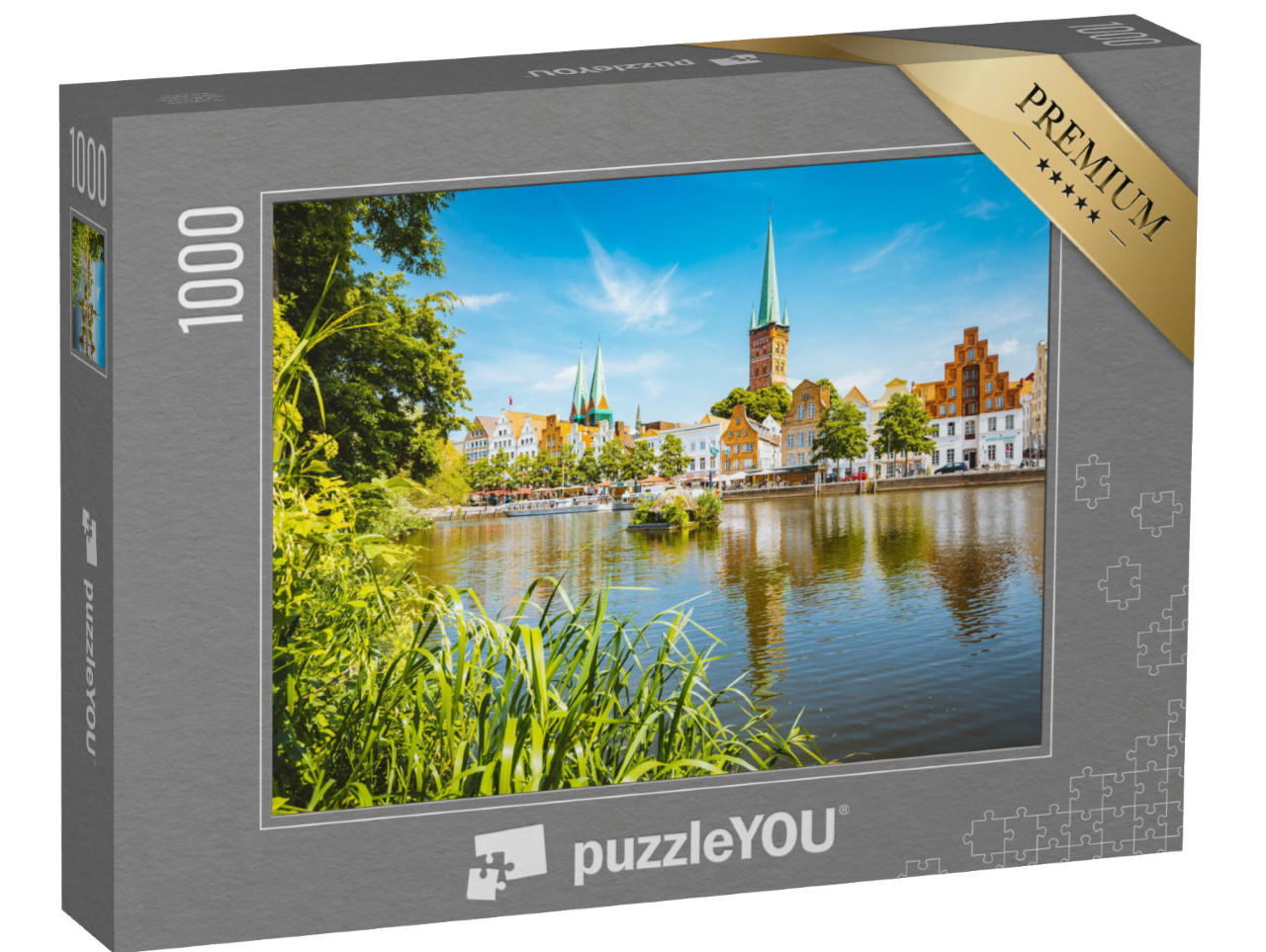 Puzzle 1000 Teile „Panoramablick auf Lübeck mit Trave, Schleswig-Holstein, Deutschland“
