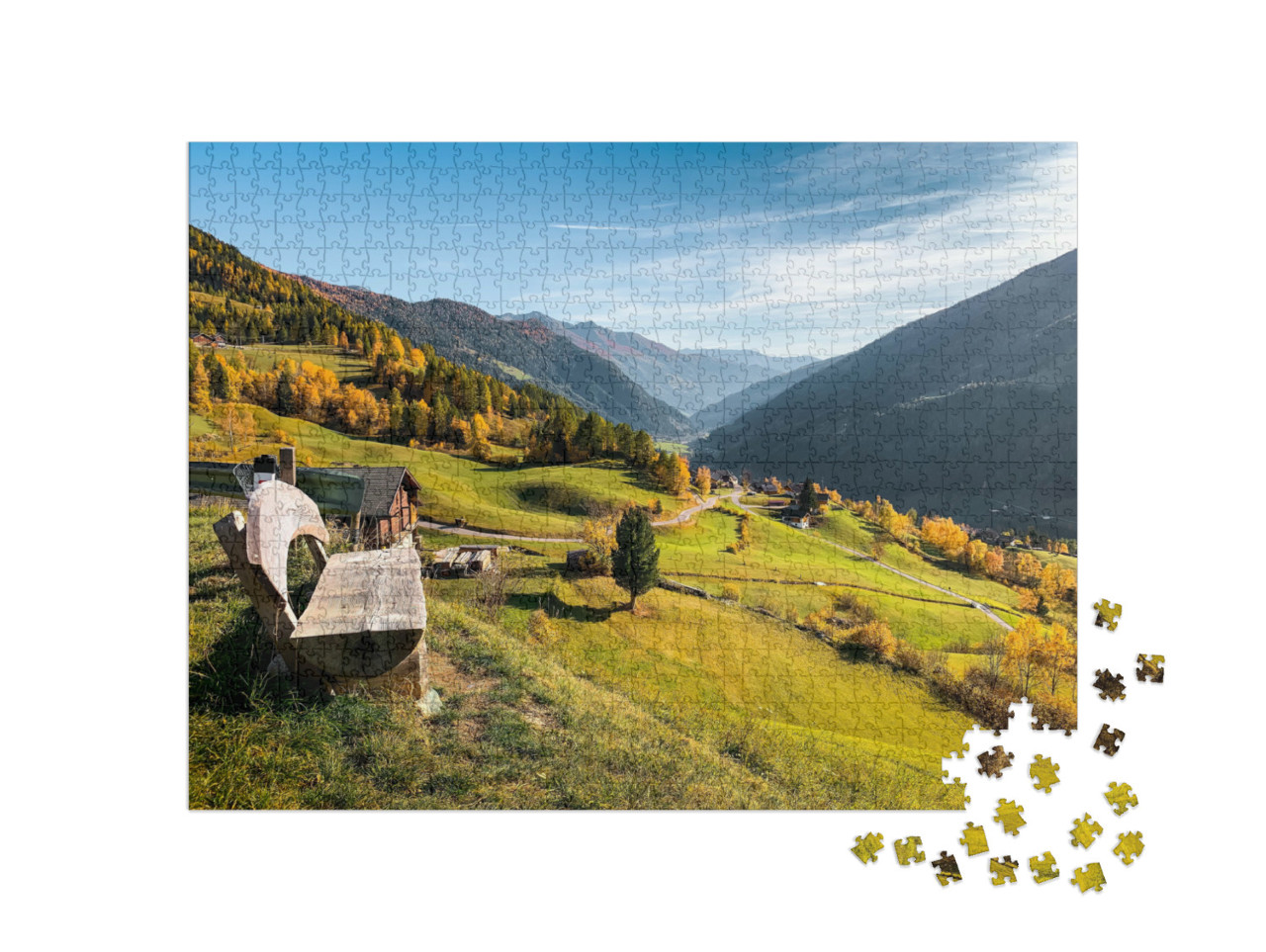 Puzzle 1000 Teile „Holzbank in den Bergen von Österreich“