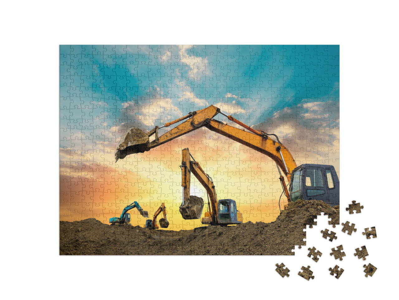 Puzzle 500 Teile „Bagger arbeiten bei Sonnenuntergang auf der Baustelle“