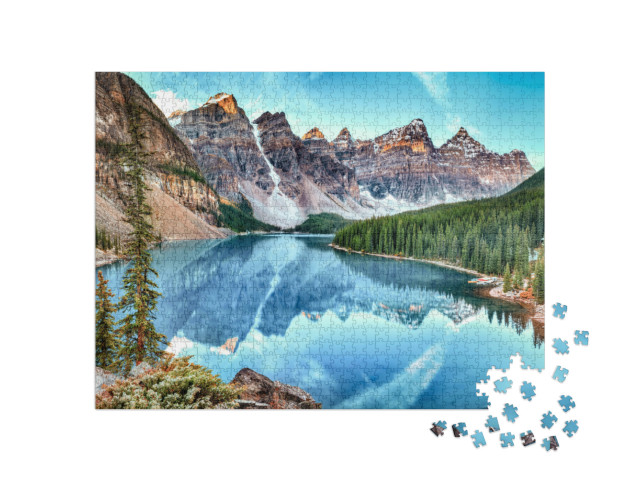 Puzzle 1000 Teile „Klarer Bergsee im malerischen Bergpanorama, Alberta, Kanada“