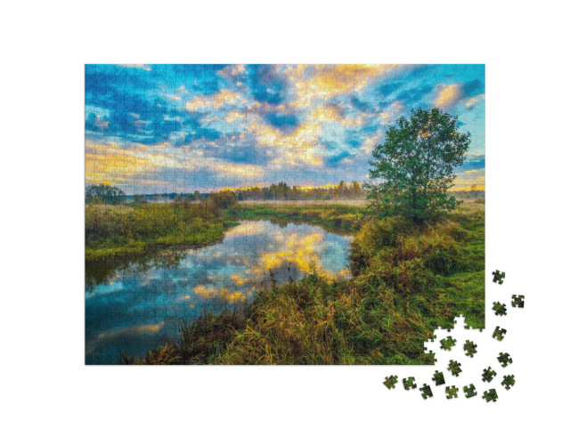 Puzzle 1000 Teile „Sonnenuntergang am Fluss in unberührter Natur“