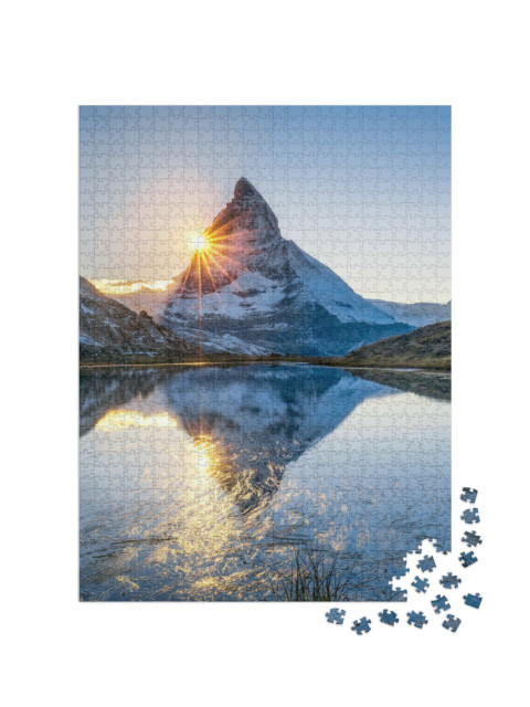 Puzzle 1000 Teile „Sonnenaufgang am Riffelsee und Matterhorn, Schweiz“