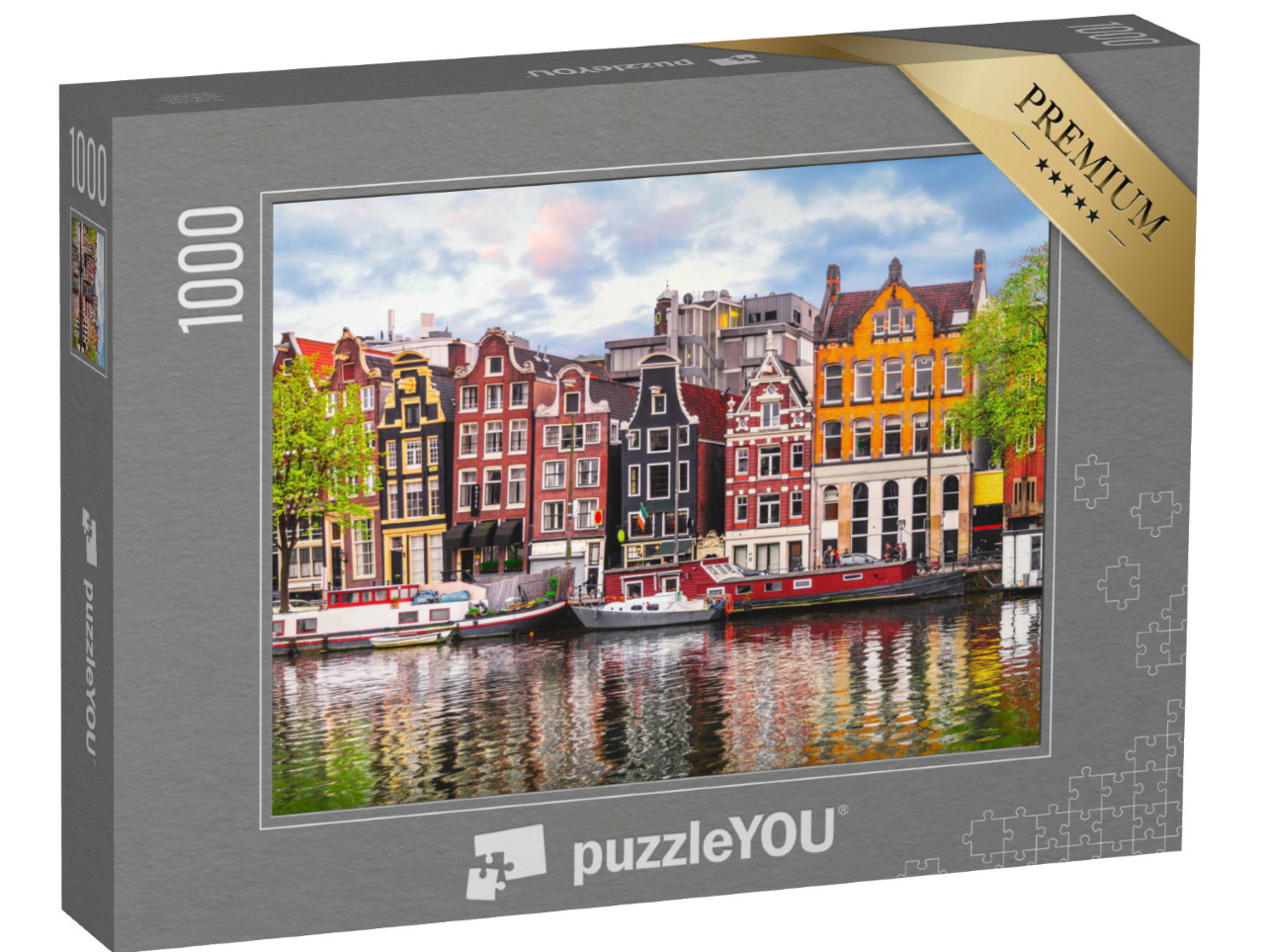 Puzzle 1000 Teile „Die tanzenden Häuser an der Amstel, Wahrzeichen von Amsterdam“