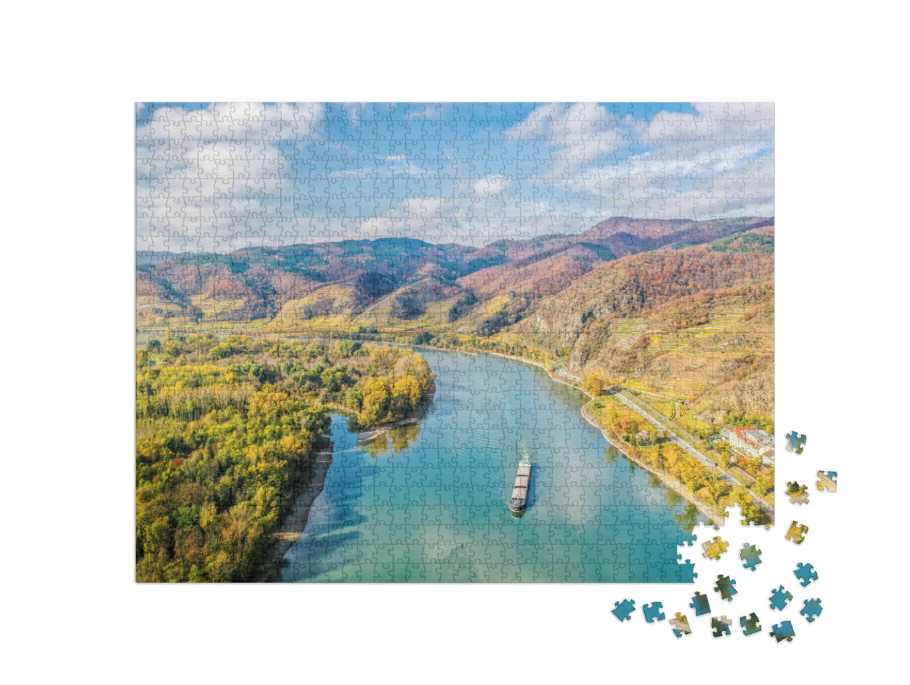 Puzzle 1000 Teile „Panorama des Wachautals mit Schiff auf der Donau“
