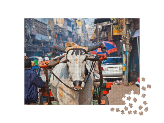 Puzzle 1000 Teile „Ochsenkarren-Transport am frühen Morgen in Alt-Delhi, Indien“