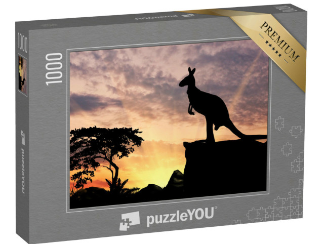 Puzzle 1000 Teile „Silhouette eines Kängurus auf einem Hügel bei Sonnenuntergang“