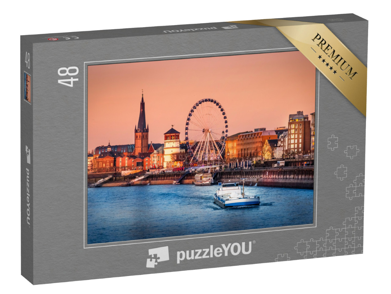 Puzzle 48 Teile „Abendlicher Blick auf den Rhein und die Altstadt von Düsseldorf, Deutschland“
