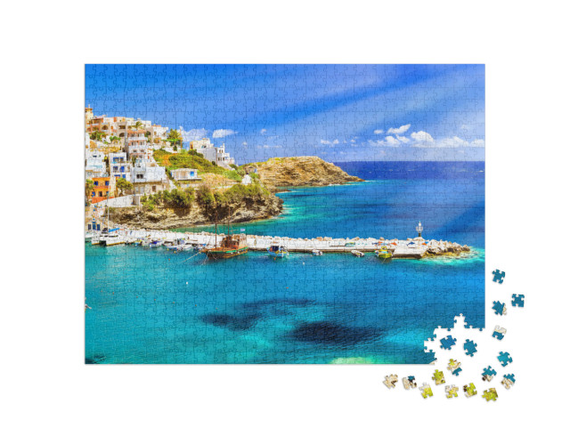 Puzzle 1000 Teile „Hafen mit Marineschiffen, Booten und Leuchtturm, Rethymno, Kreta“