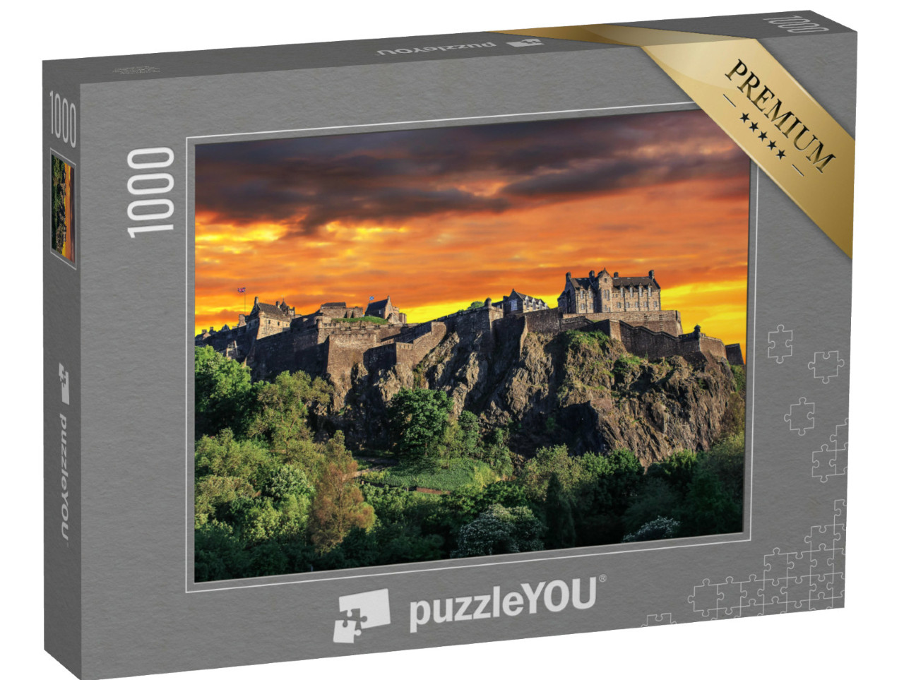 Puzzle 1000 Teile „Spektakulärer Sonnenuntergang am Hügel des Edinburgh Castle, Schottland“