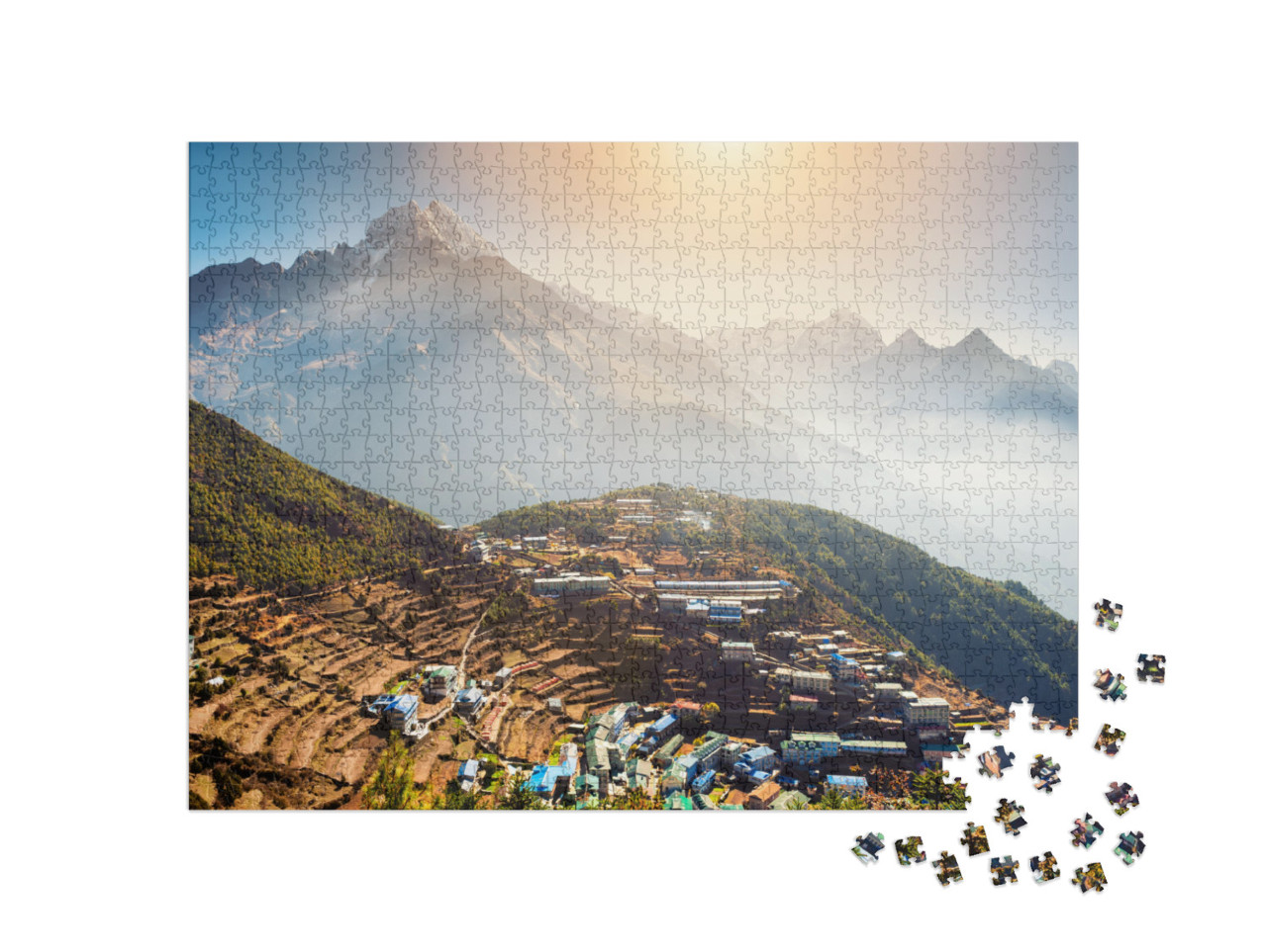 Puzzle 1000 Teile „Blick auf das Dorf Namche Bazar am Fuße des Everest Base Camp, Himalaya, Nepal“