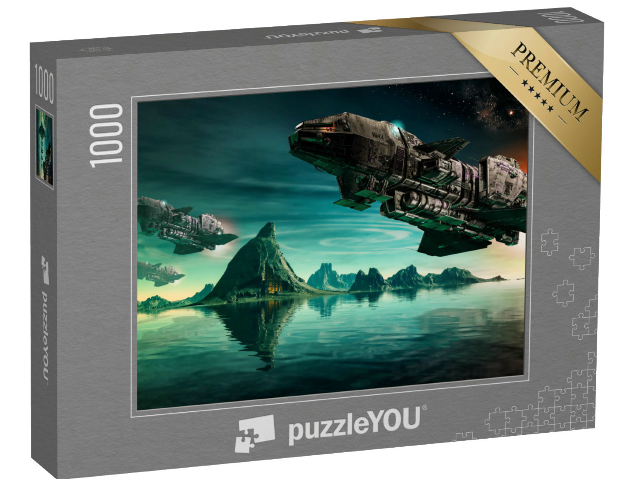 Puzzle 1000 Teile „Futuristische Raumschiffe über dem Ozean“