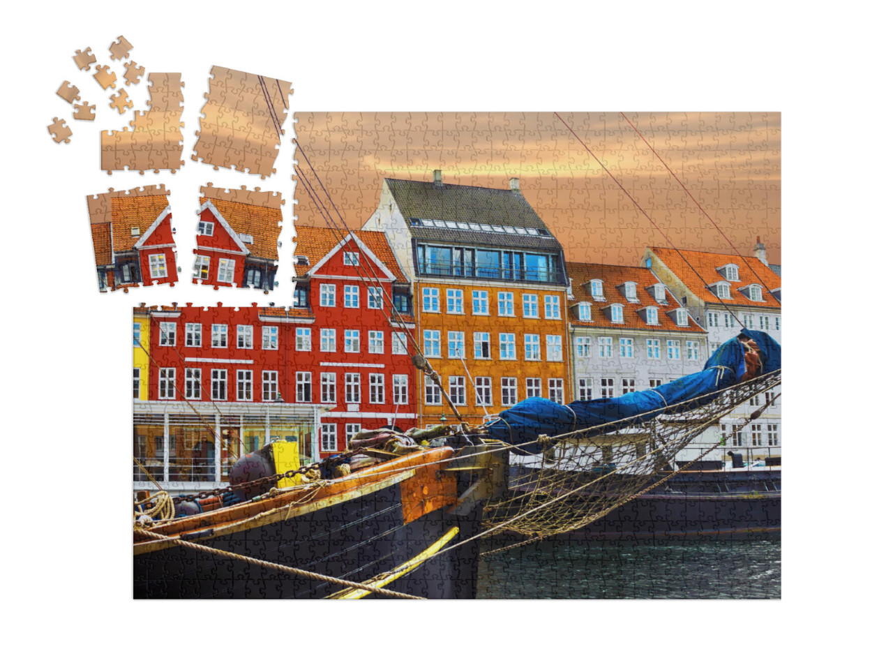 Puzzle-Adventskalender „Yachten und farbige Häuser an der Strandpromenade in Nyhavn“