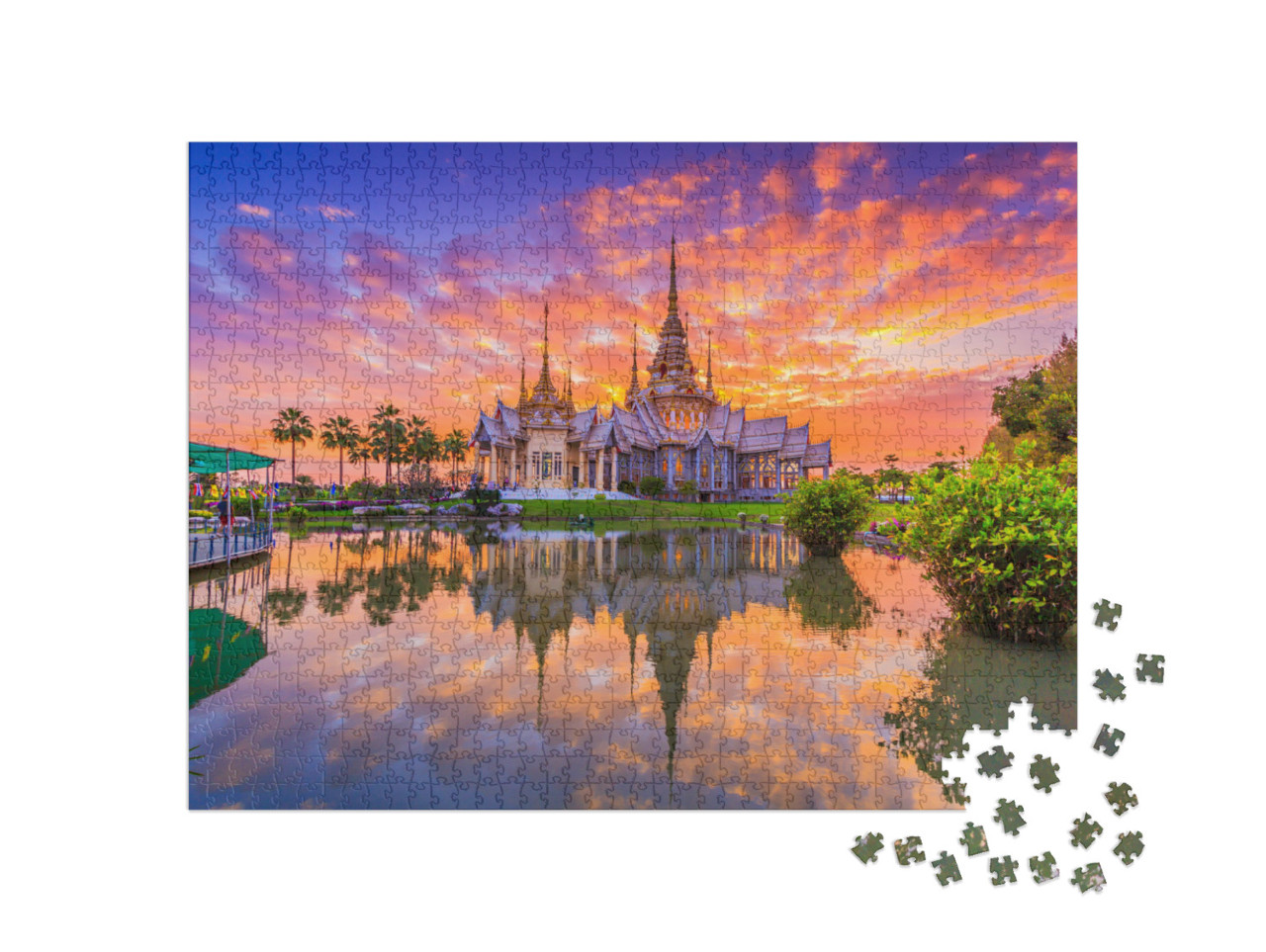 Puzzle 1000 Teile „Sonnenuntergang über dem Tempel Wat Thai, Thailand“