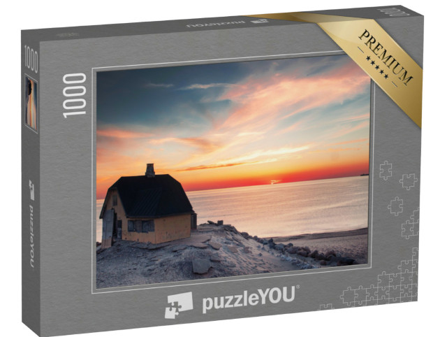 Puzzle 1000 Teile „Sonnenuntergang in Nordjütland: gelbes Dänenhaus mit Meerblick“