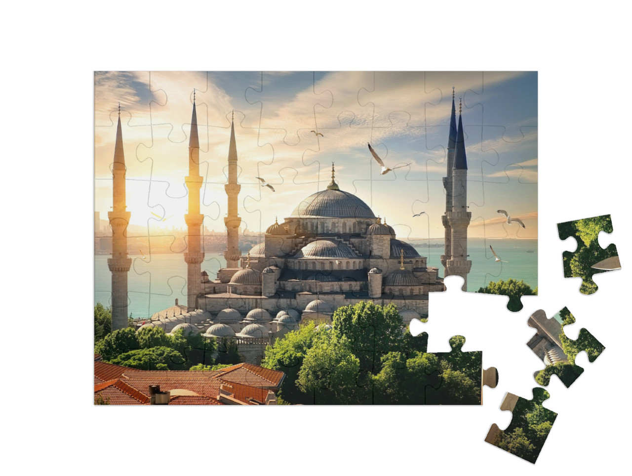 Puzzle 48 Teile „Möwen über der Blauen Moschee und dem Bosporus in Istanbul“