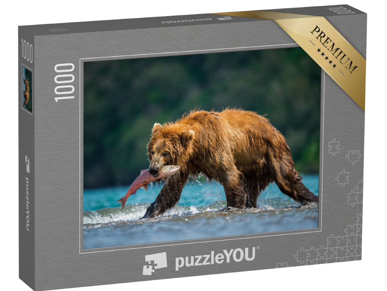 Puzzle 1000 Teile „Kamtschatka-Braunbär fängt Lachse am Kurilensee, Kamtschatka“