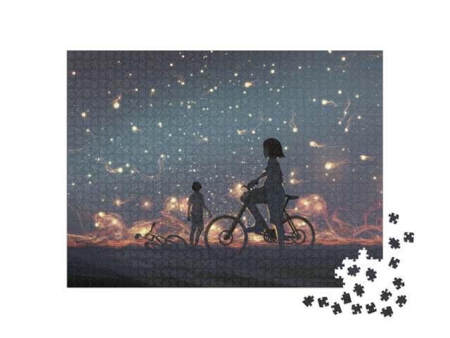 Puzzle 1000 Teile „Junges Paar, Blick auf geheimnisvolle Lichter am Nachthimmel“