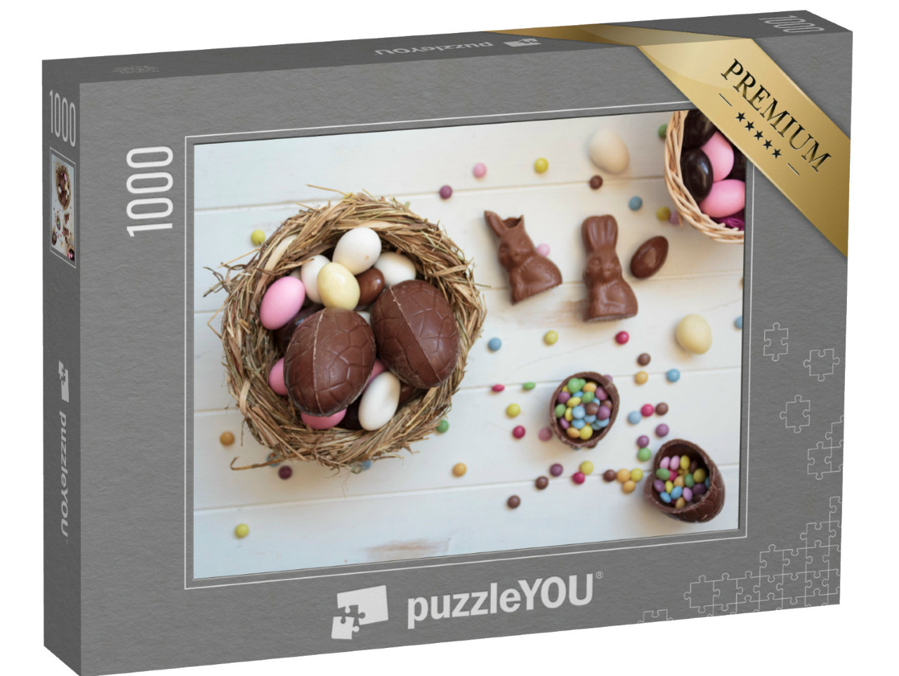 Puzzle 1000 Teile „Osterschokoladeneier im Nest mit Schokoladenhasen“