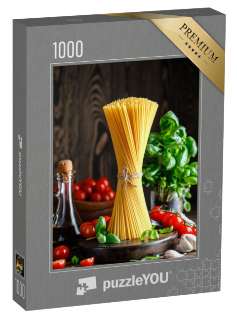 Puzzle 1000 Teile „Spaghetti, im Hintergrund Basilikum und Tomaten“