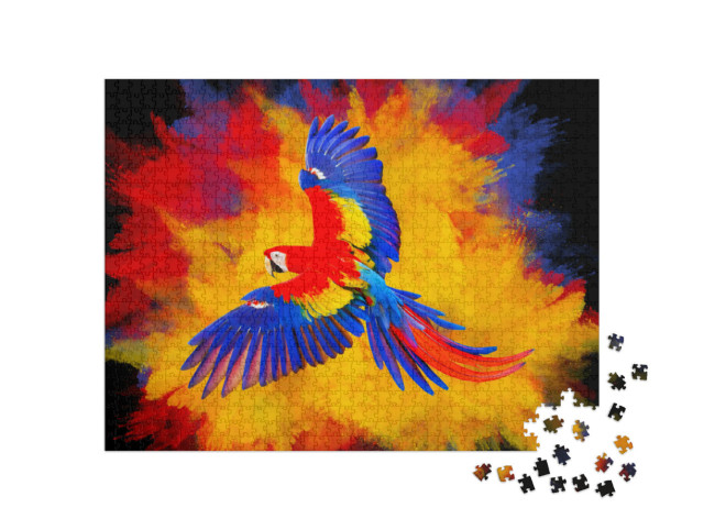 Puzzle 1000 Teile „Farbenfrohe Pulverexplosion mit fliegendem Ara-Papagei“