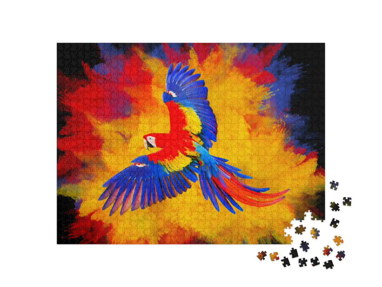 Puzzle 1000 Teile „Farbenfrohe Pulverexplosion mit fliegendem Ara-Papagei“