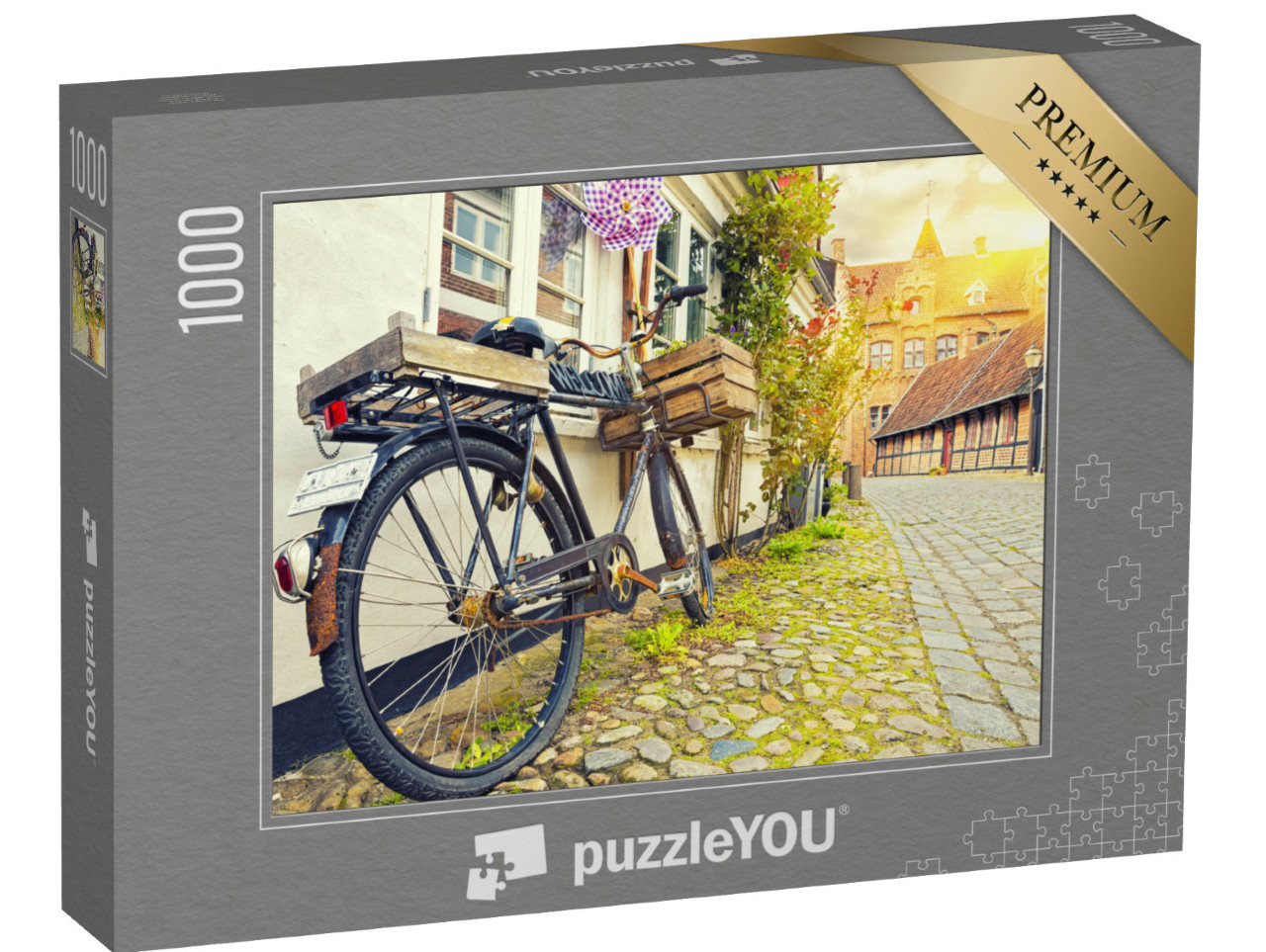 Puzzle 1000 Teile „Vintage-Fahrrad vor einer Hauswand bei Sonnenuntergang in Ribe“