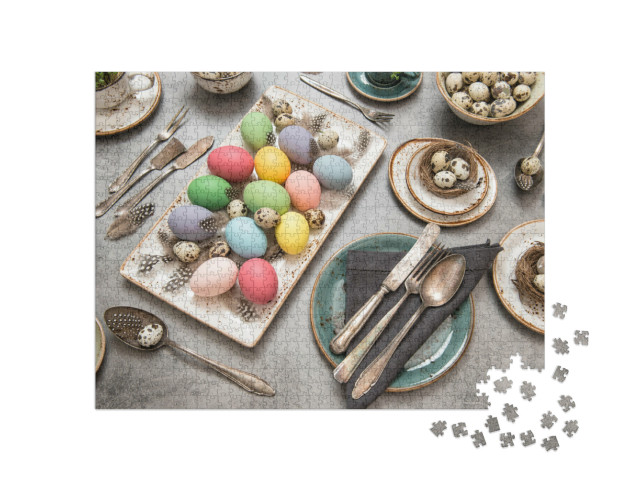 Puzzle 1000 Teile „Festlicher Ostertisch mit bunt gefärbten Ostereiern“